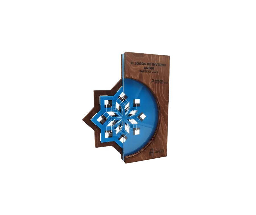 Prémio TPE117: 2x madeira 10mm com gravação a laser + acrilico azul 3mm + acrilico fosco 3mm + acrilico cristal 3mm